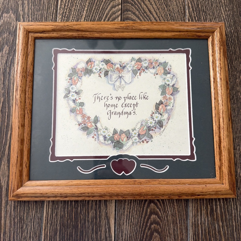 Grandmacore Vintage floral heart wood stained 11.5X9 framed  wall picture